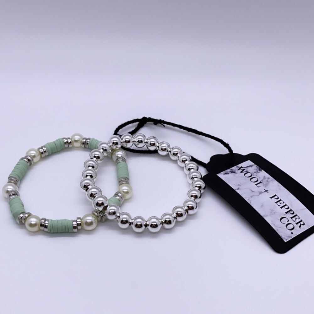 NWT Wool + Pepper Co. Sage & Silver Bracelet Stack